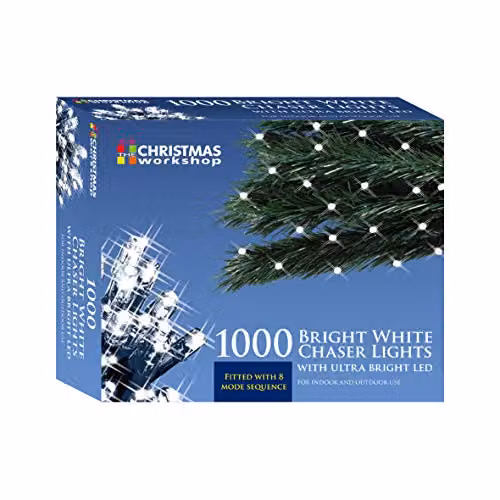 The Christmas Workshop 1000 Bright White LED Chaser Fairy Lights, 69.9 Metres, 8 Light Modes for Indoor or Outdoor Use – 1