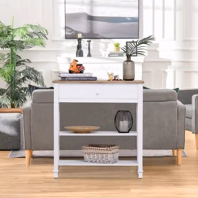 STILVORA Modern White Lacquered Console Table with Drawer and 2 Shelves