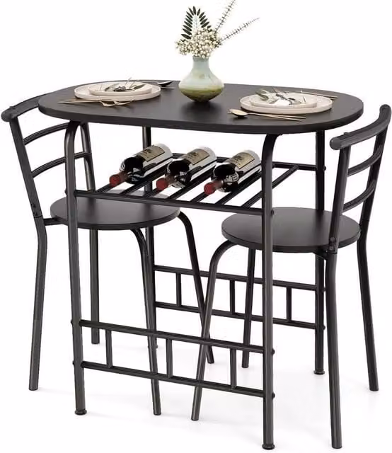 VOGREX 3-Piece Modern Breakfast Nook Dining Set with Wine Rack in Black – 1