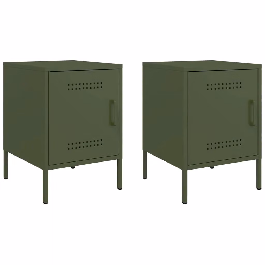 Berkfield Home Set of 2 Industrial Metal Bedside Cabinets in Matt Olive Green, W/D/H: 36 x 39 x 50.5 cm – 2