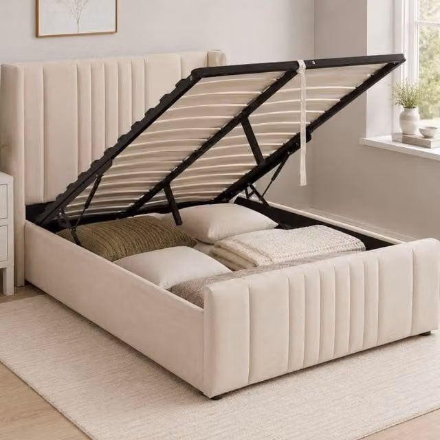 Groundlevel Langford Velvet Upholstered Ottoman Storage Bed in Beige, W/D/H: 180 x 200 cm – 1