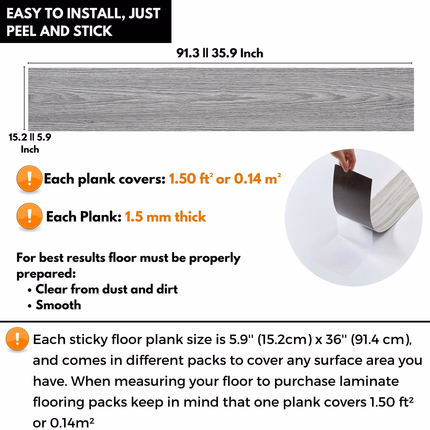 Novecrafto Self Adhesive Grey Wood Look Vinyl Floor Planks, Pack of 10, W: 91.4 cm, H: 15.2 cm – 2