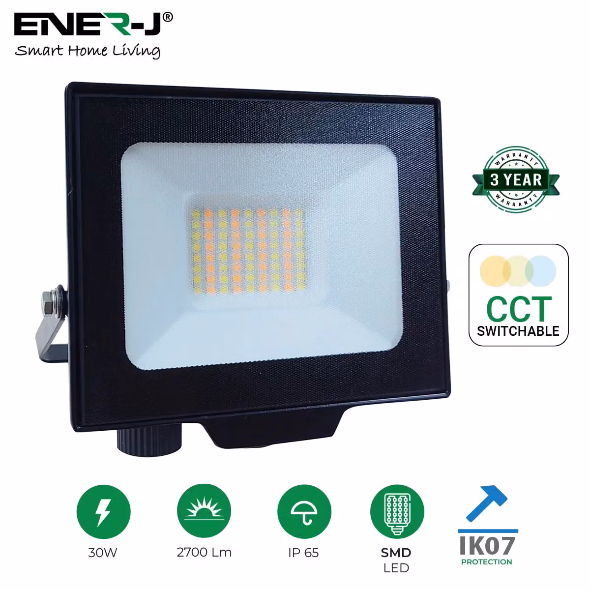 ENER-J 30W LED Floodlight, CCT Switchable, IP65 Weatherproof, 2700 Lumens, White – 2
