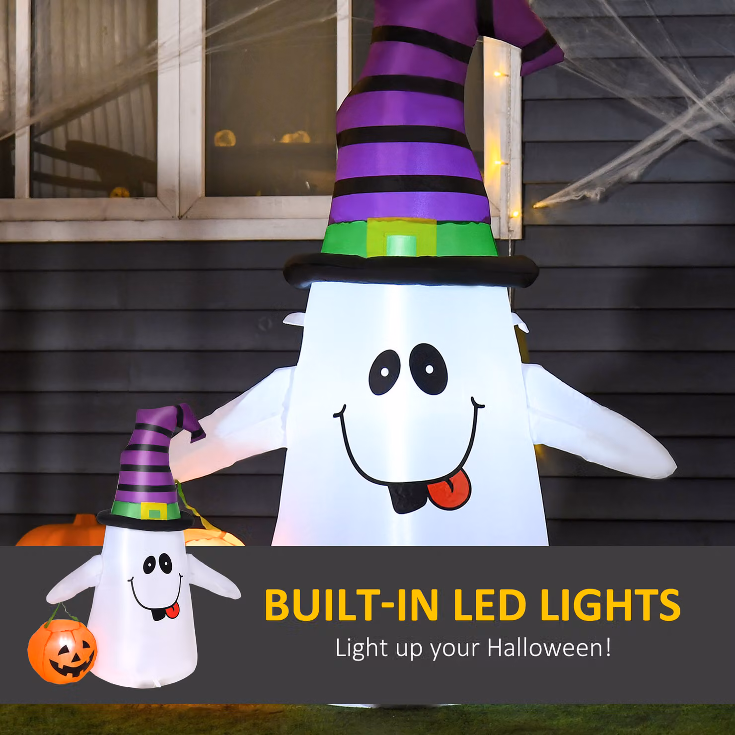 HOMCOM 1.2m Witch Ghost Halloween Inflatable Decoration with LED Lights and Pumpkin Lantern in White – 4