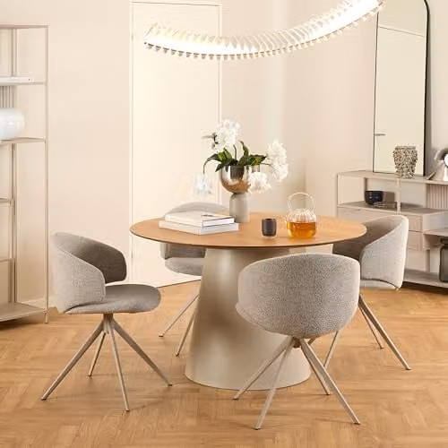 Furniture To Go Soli Round Dining Table in Oak and Grey with 4 Ella Swivel Beige Dining Chairs, W: 120 cm, D: 75 cm, H: 75 cm