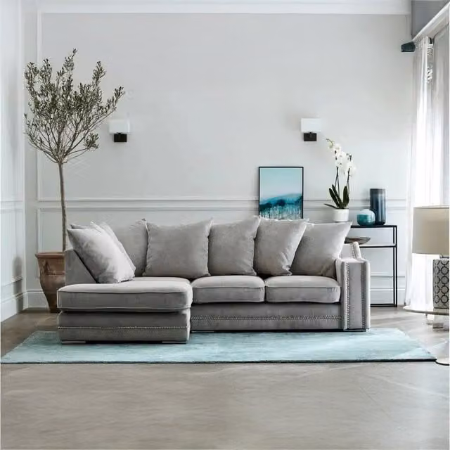 Furniture786Ltd Crown Studded Reversible Fabric L-Shape Corner Sofa in Grey