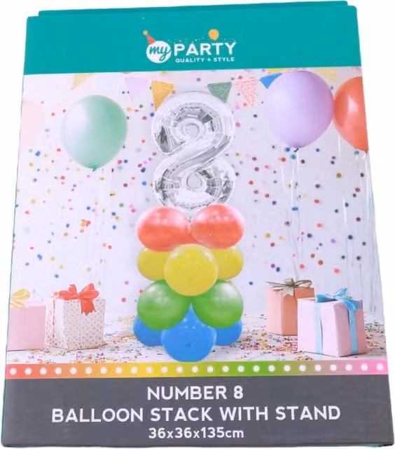 My Party Multicolour Number 8 Balloon Stack with Tabletop Plastic Stand
