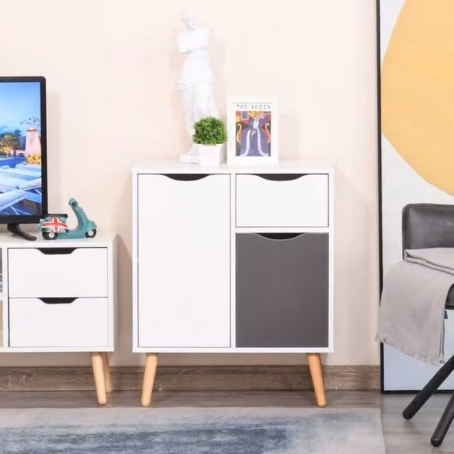 EONLION Grey and White Wood Floor Cabinet Storage Cupboard Sideboard