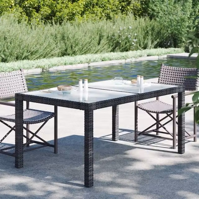 Berkfield Home Garden Table in Black with Tempered Glass and Poly Rattan, W/D/H: 150 x 90 x 75 cm – 1