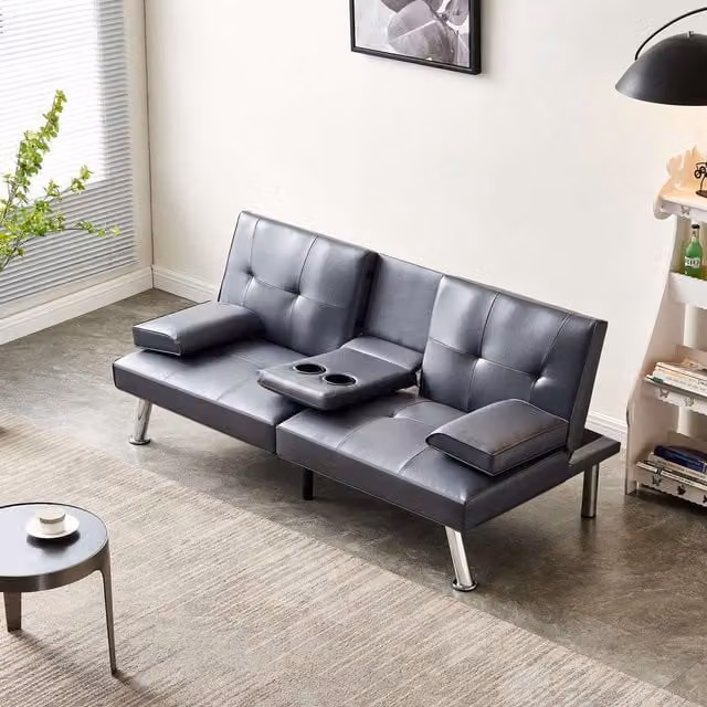 WestWood Manhattan 3 Seater Faux Leather Sofa Bed with Cup Holders in Grey – 1