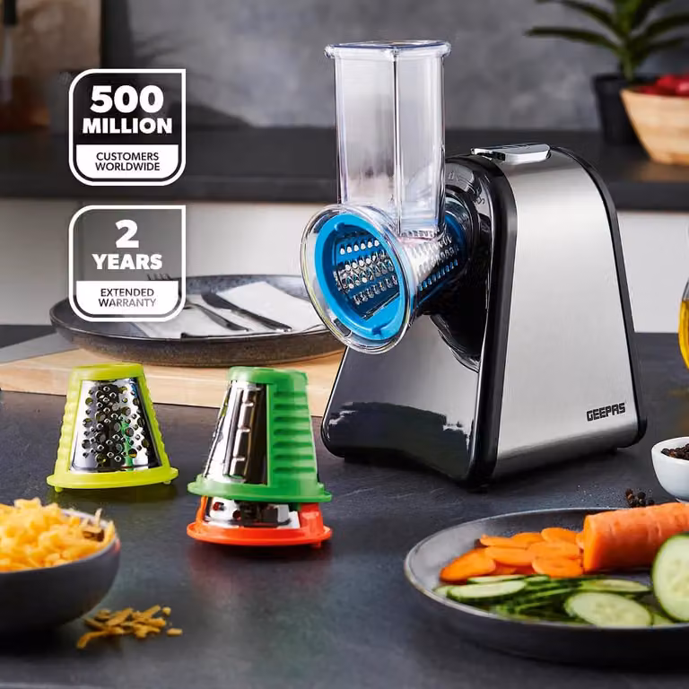 Geepas 4-in-1 Electric Salad Maker Slicer Fruit Cutter and Vegetable Grater and Chopper in Silver