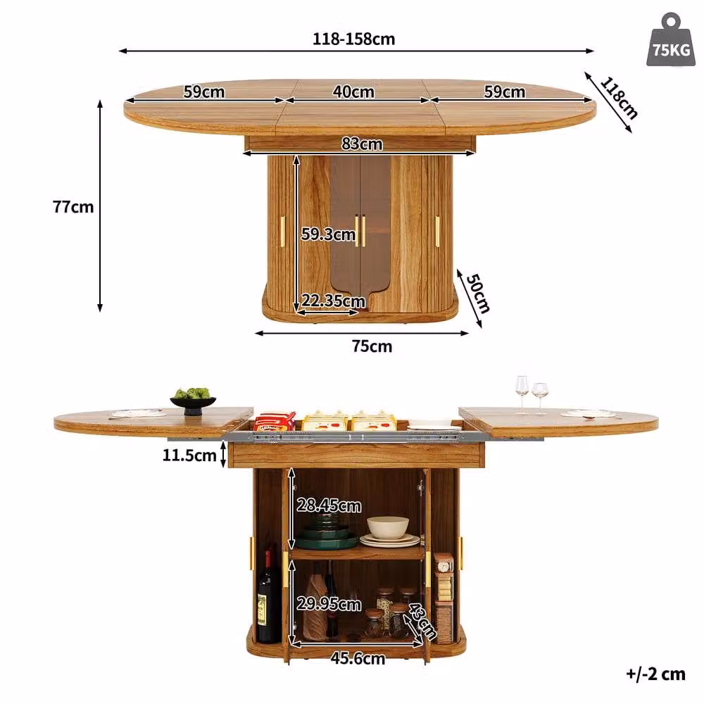 BTM Extendable Round Dining Table in Walnut Brown with Glass Top, Diameter: 118-158 cm, Height: 75 cm – 4