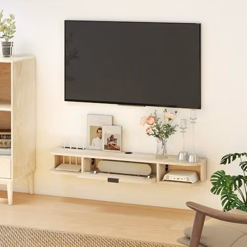 HOMCOM Modern Floating TV Unit with Flip Drawer and Shelves, Natural and Black – 6