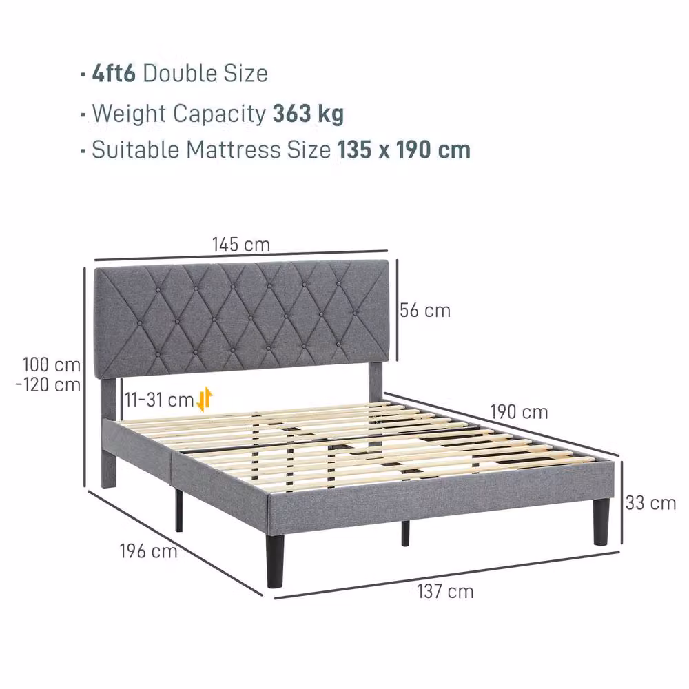 STILVORA Double Bed Frame, Grey Upholstered Fabric, 140 x 200 cm – 4