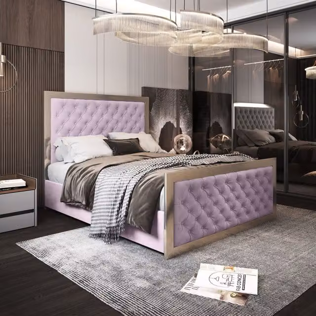 Casani Maddison Upholstered Velvet Metal Bed Frame in Pink, W/D/H: 180 x 200 cm – 1
