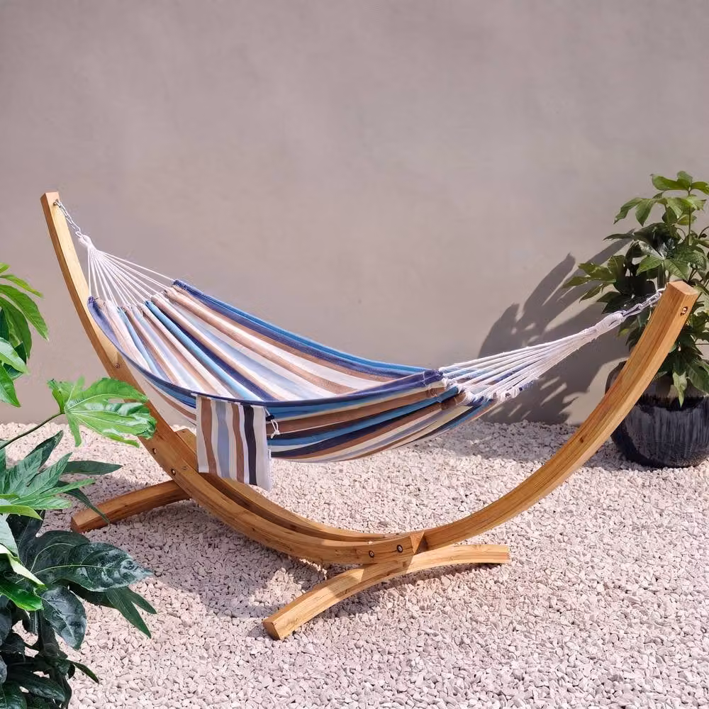Primrose Coastal Design Single Outdoor Garden Hammock with Stand in Blue, Grey and Multicolour Striped Fabric – 2