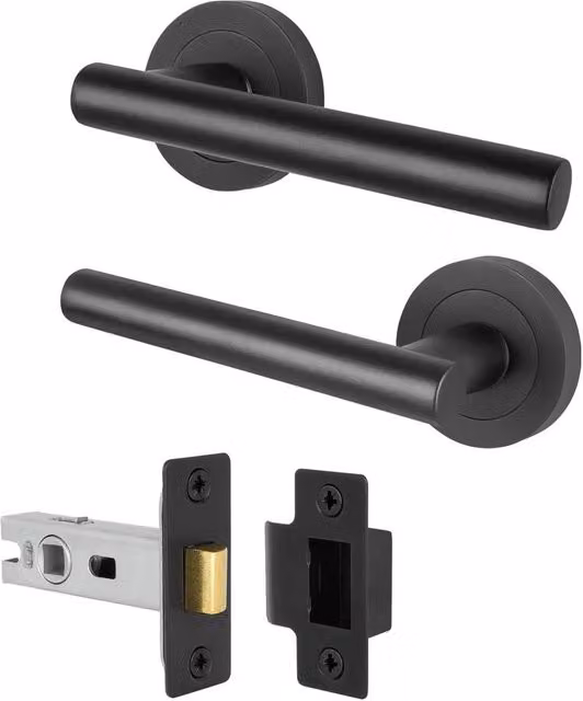 AFIT Olvera Range Black T-Bar Door Handles with Round Rose and Latch, 1 Pair, W/D/H: 15 x 15 cm