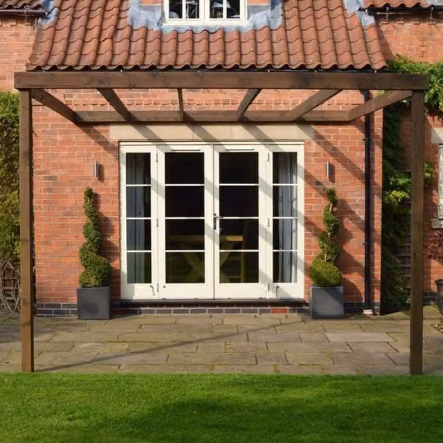 Rutland County Garden Furniture Ltd Wall Mounted Lean-to Pent Pergola in Rustic Brown, W: 420 cm, D: 420 cm, H: 270 cm – 1
