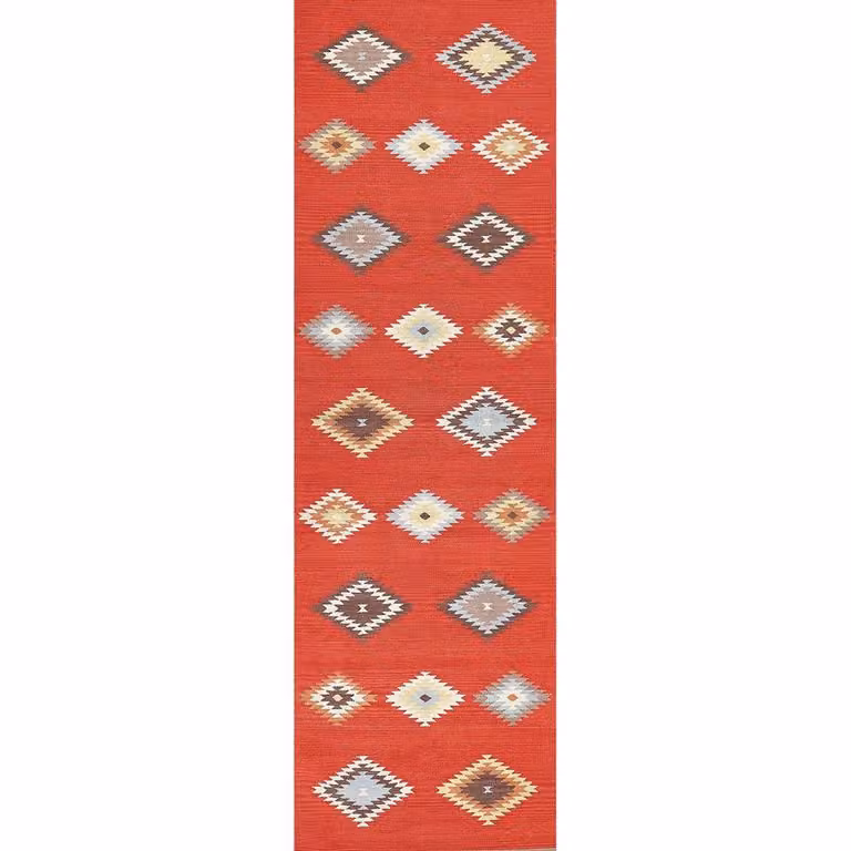 Wyld and Coco Multicolour Kilim Handwoven Cotton Runner Rug with Geometric Design, W/D: 80 x 300 cm