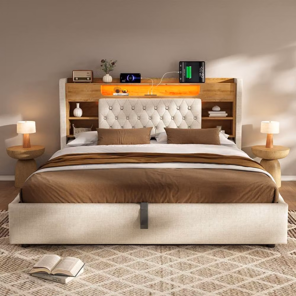 FENCHILIN Upholstered Super King LED Bed Frame in Beige with Hydraulic Storage, USB Charging Port and Under-Bed Lighting, W/D/H: 200 x 158 x 115 cm – 2