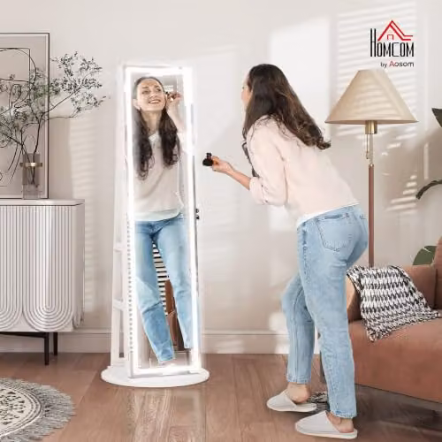 HOMCOM White Mirror Jewellery Cabinet with LED Lighting and Internal Shelves, H 158.5 x W 55.0 x D 22.0 cm – 2