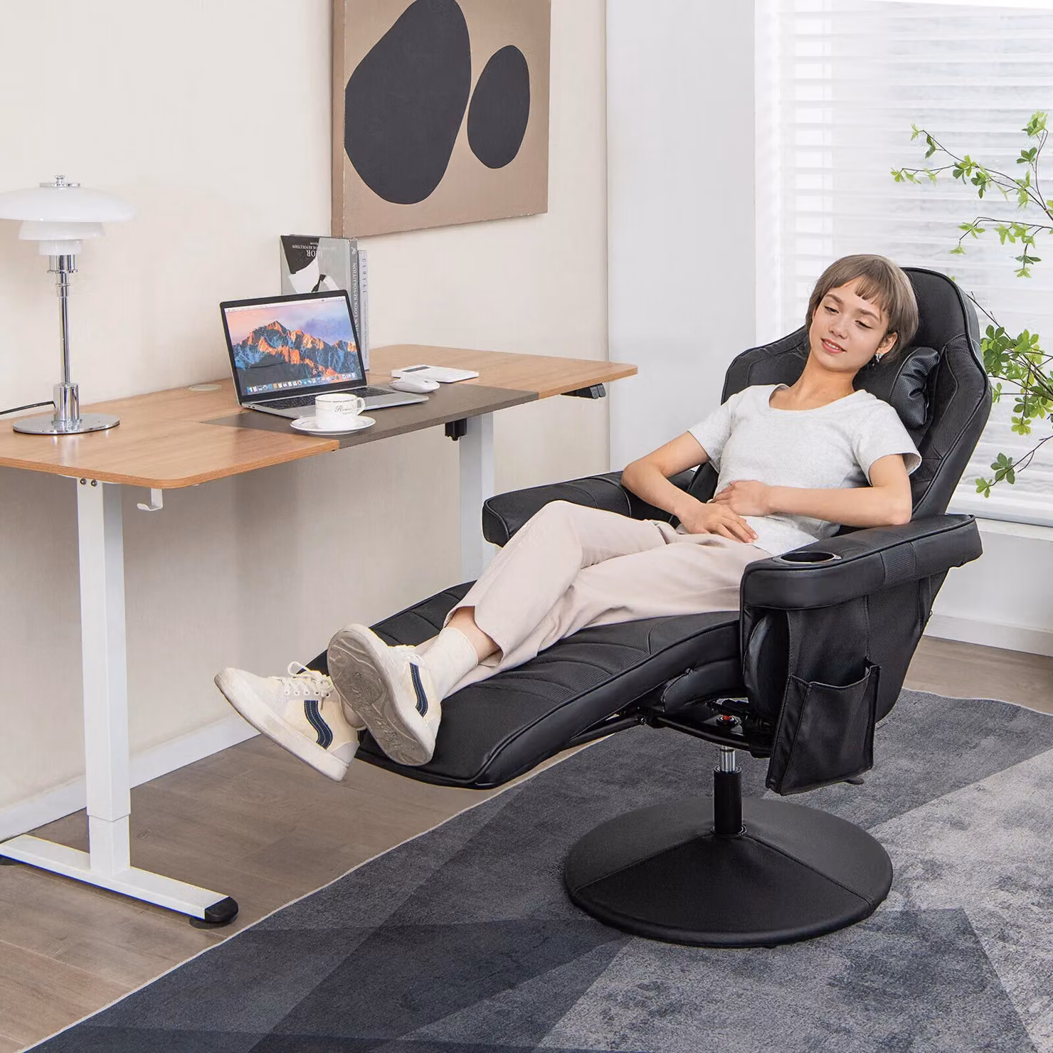 Gymax Black PU Leather Gaming Chair with Massage, Swivel Function and Adjustable Height – 4