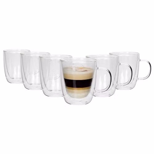 Rink Drink Double Walled Glass Coffee Mugs, Pack of 6, 386ml, Transparent