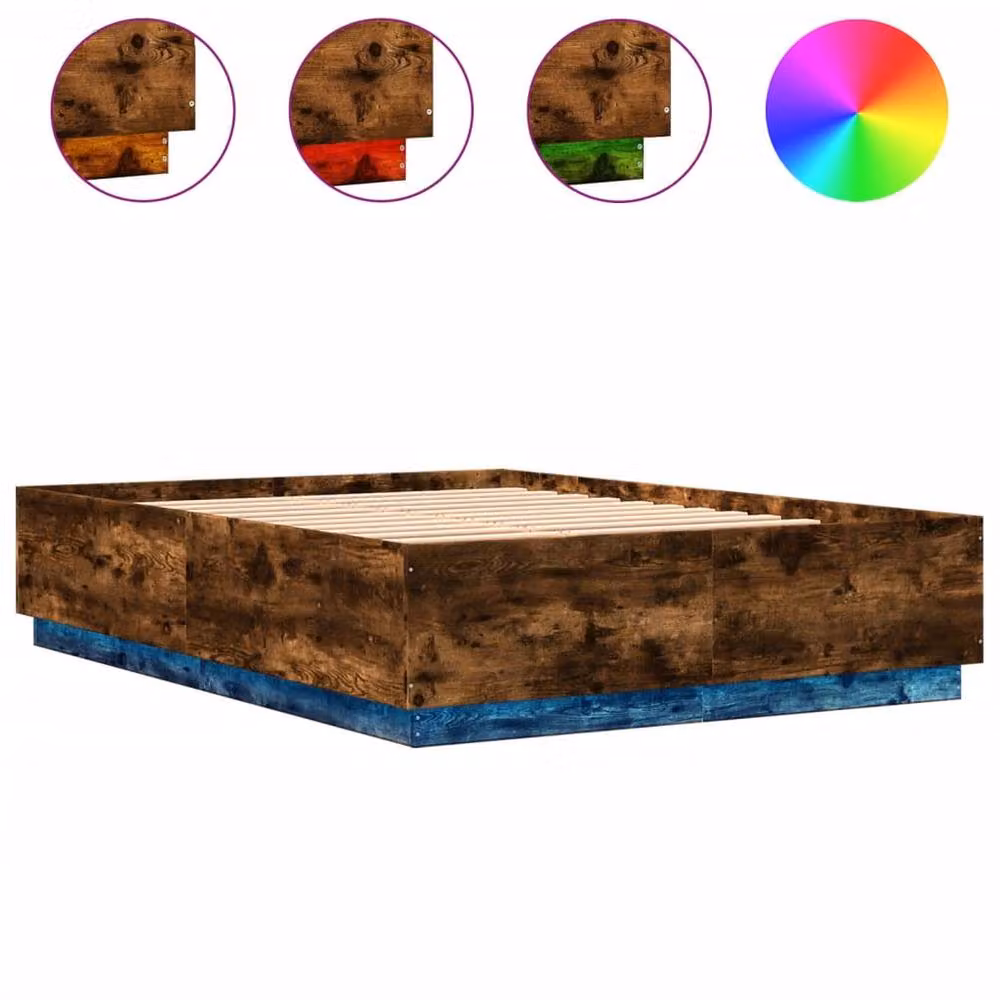 Berkfield Home Durable King Size Bed Frame with LED Under-Bed Lighting and Lift-Up Base in Smoked Oak Brown, W/D/H: 150 x 203 x 40 cm – 3