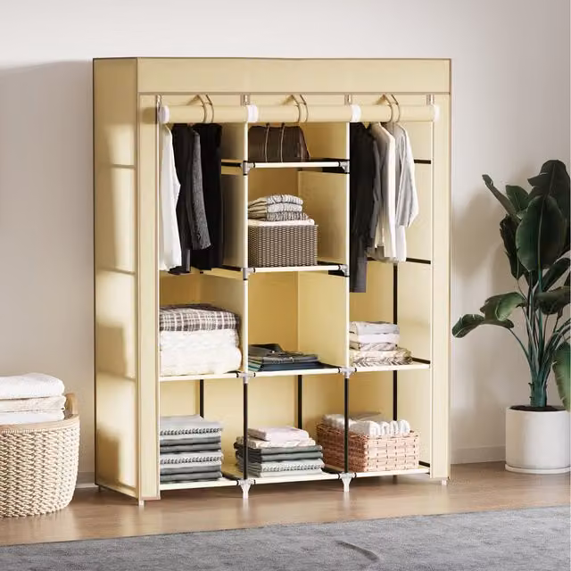 HOMCOM Portable Fabric Wardrobe and Clothes Storage Unit with 8 Shelves and Hanging Rod in Beige
