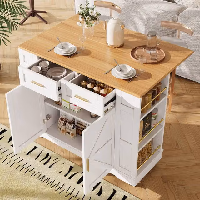 Fascinate Rolling Kitchen Island Cart with Foldable Worktop and Storage in White