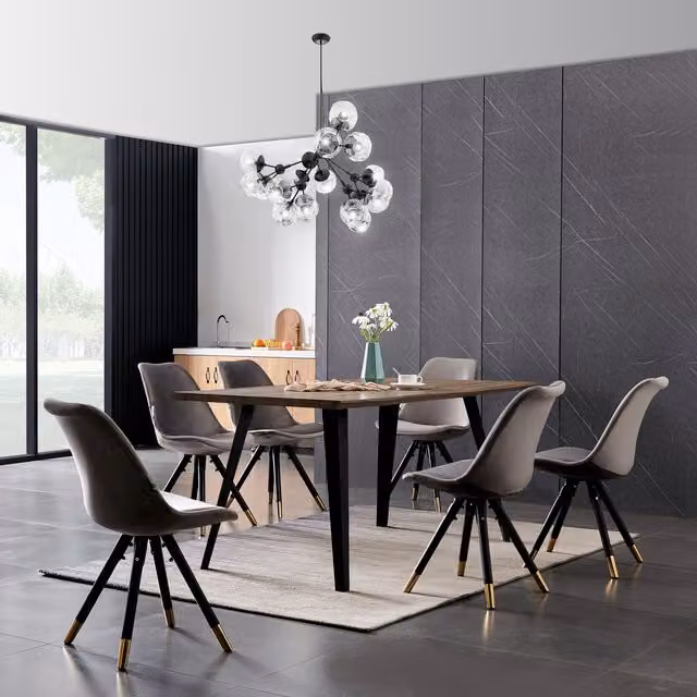 Life Interiors Sofia Rocco LUX Scandinavian Dining Set with Rectangular Wood Table and 6 Chairs in Dark Grey, Black and Gold