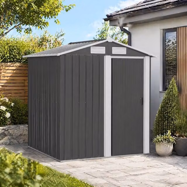 STILVORA Modern Steel Garden Storage Shed with Sliding Door and Window, Grey, W/D/H: 152 x 132 x 188 cm
