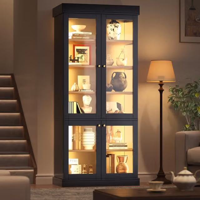 Aosom UK Modern Industrial Display Cabinet with LED Lighting and Glass Doors, Black, W: 40 cm, D: 40 cm, H: 180 cm