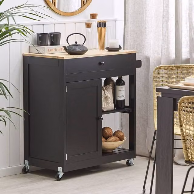 Wyld and Coco Black Lacquered MDF Kitchen Trolley with Rubberwood Accents W/D/H: 75 x 43 x 87 cm