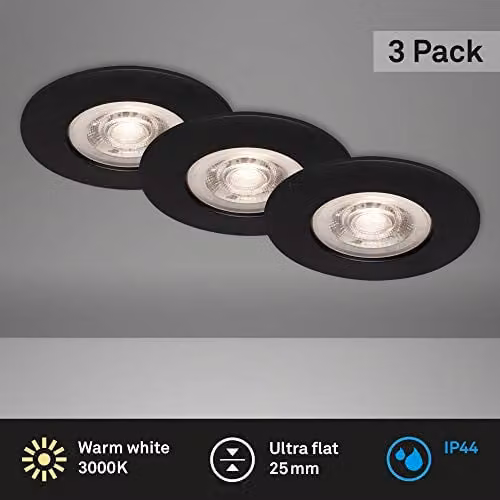 Briloner Black Matte LED Recessed Downlight Set of 3, Warm White, IP44, D/H: 9.0 x 2.5 cm – 2