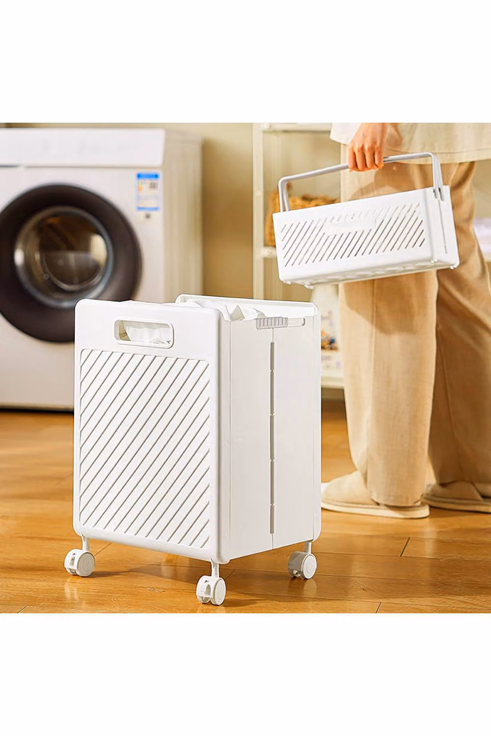 Living and Home Foldable Laundry Basket and Hamper with Casters, White – 2