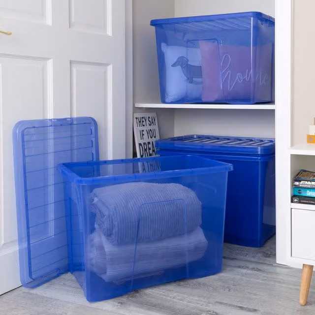 Wham Crystal Stackable Plastic Storage Boxes with Lids, 80L, Blue/Transparent, Set of 4