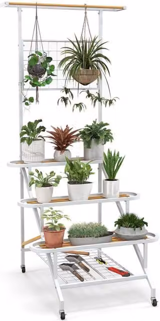 Costway 4-Tier Hanging Plant Stand Ladder Shelf with Hanging Bar and Trellis in White