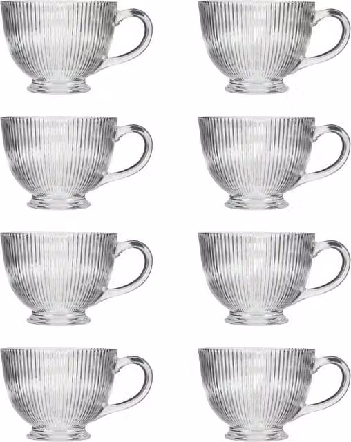 Dibor Set of 8 Embossed Footed Glass Coffee Mugs, Clear, 400ml per mug