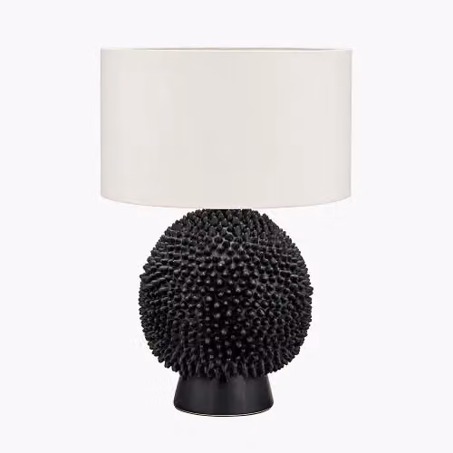 Ruma Black Ceramic Sea Urchin Table Lamp with White Handloom Cylinder Shade – 2