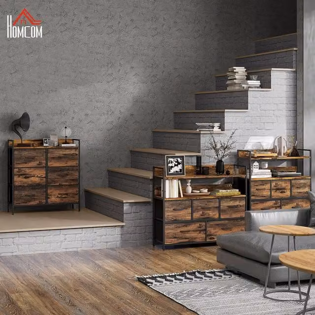 HOMCOM Brown Wood Effect Chest of Drawers with Open Shelves and Rustic Finish