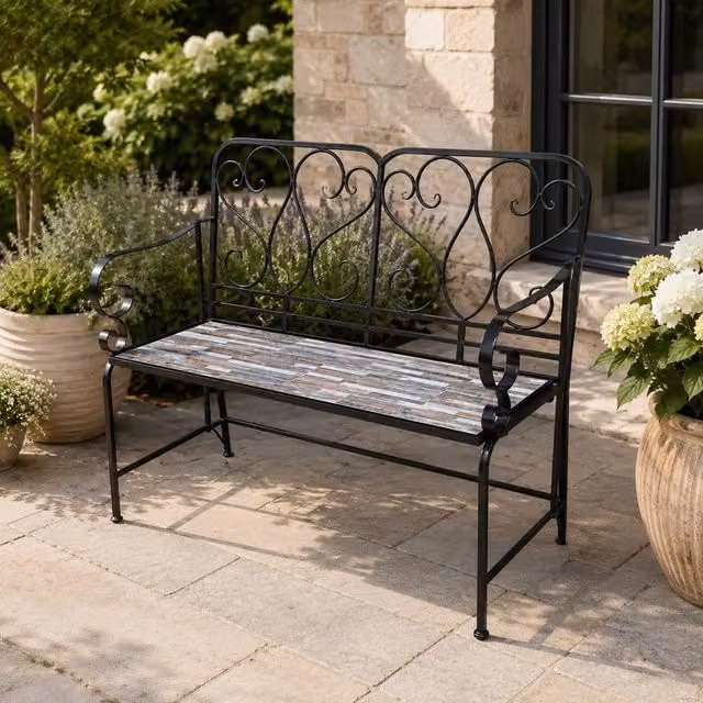 Shatchi Oasis Mediterranean Mosaic 2 Seater Garden Bench in Multicolour Metal and Ceramic Tile, W: 112 cm, H: 96 cm, D: 47 cm