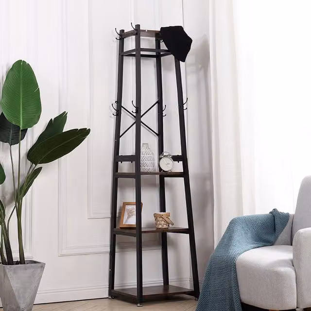 Livingandhome Industrial Metal Coat Rack with Clothes Rail and Hooks in Brown