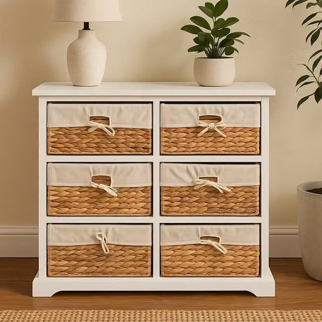 Orsina Modern 6 Drawer Chest in White with Water Hyacinth and Acacia Wood