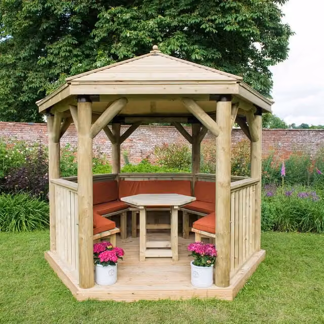 Forest Hexagonal Garden Gazebo in Red Pine and Steel, 3 m Diameter