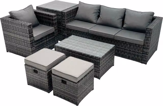 Fimous Modern Outdoor Garden Furniture Set in Dark Grey featuring 3 Seater Sofa, Coffee Table, Side Table and 2 Ottomans