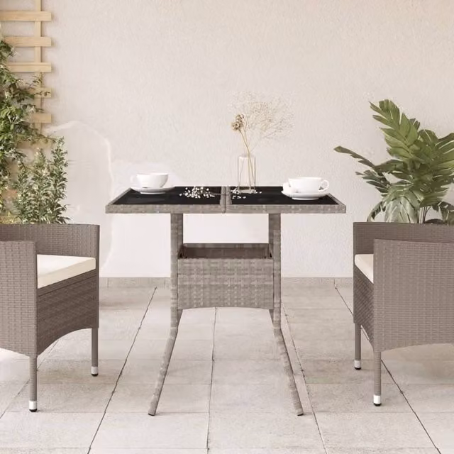 Berkfield Home Square Garden Table with Glass Top in Light Grey Poly Rattan, W/D/H: 80 x 80 x 75 cm