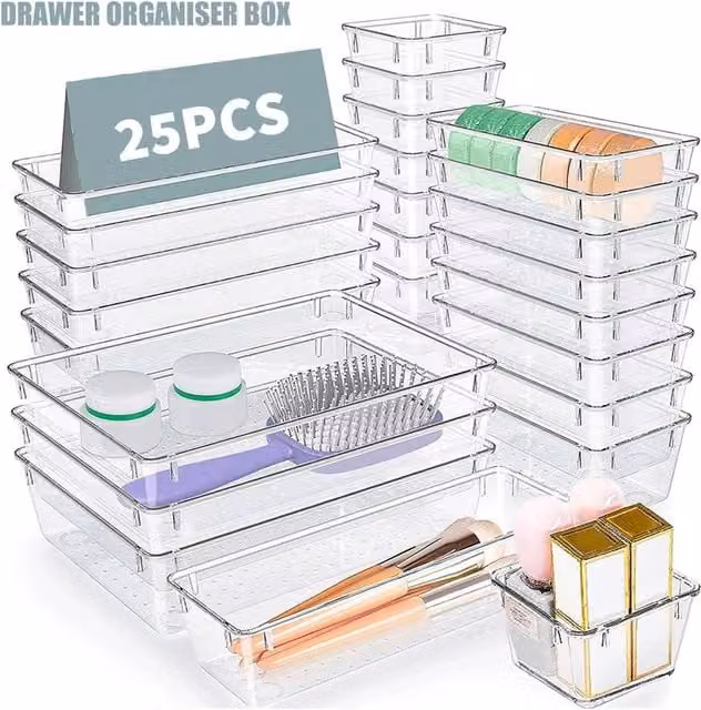 Nordara 25 Piece Clear Plastic Makeup and Drawer Organiser Box Set with Dividers