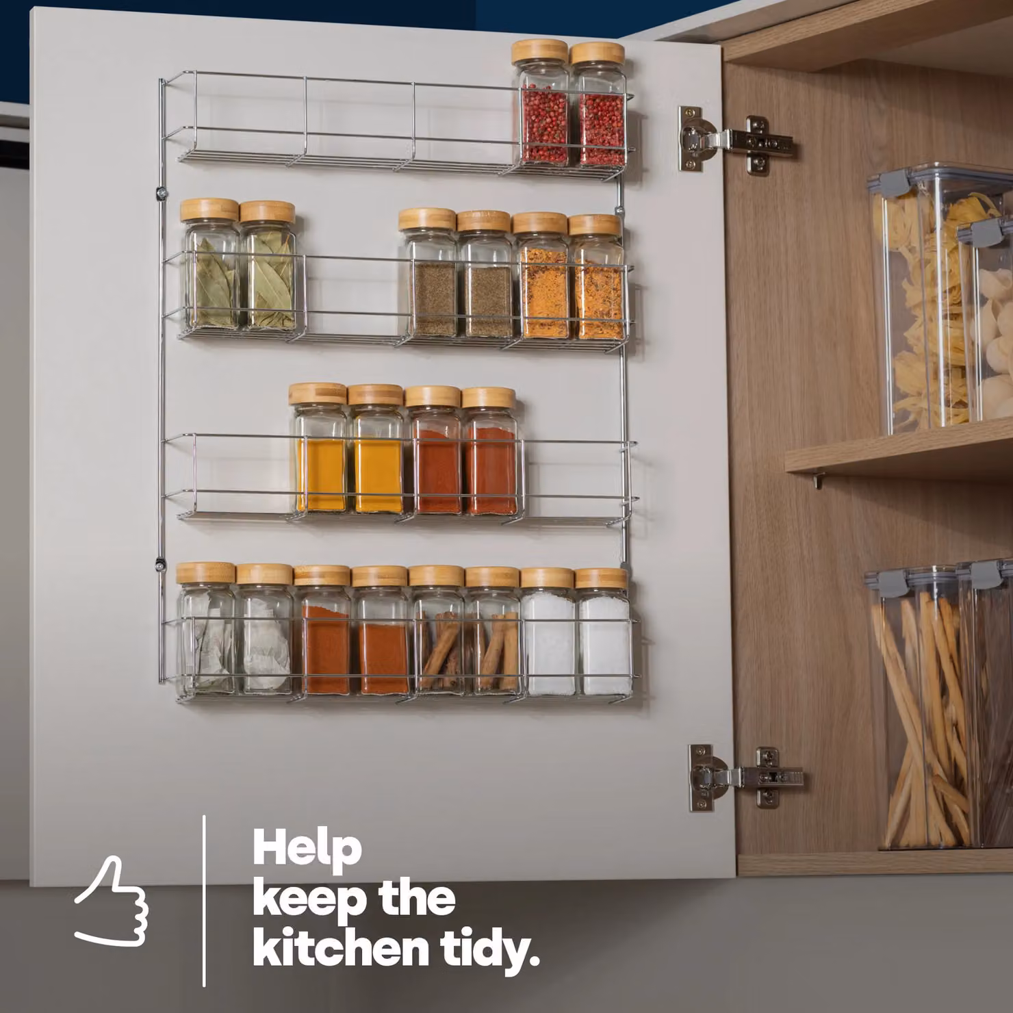 LIVIVO 4 Tier Metal Spice Rack with Cupboard Door in Metallic Silver – 3
