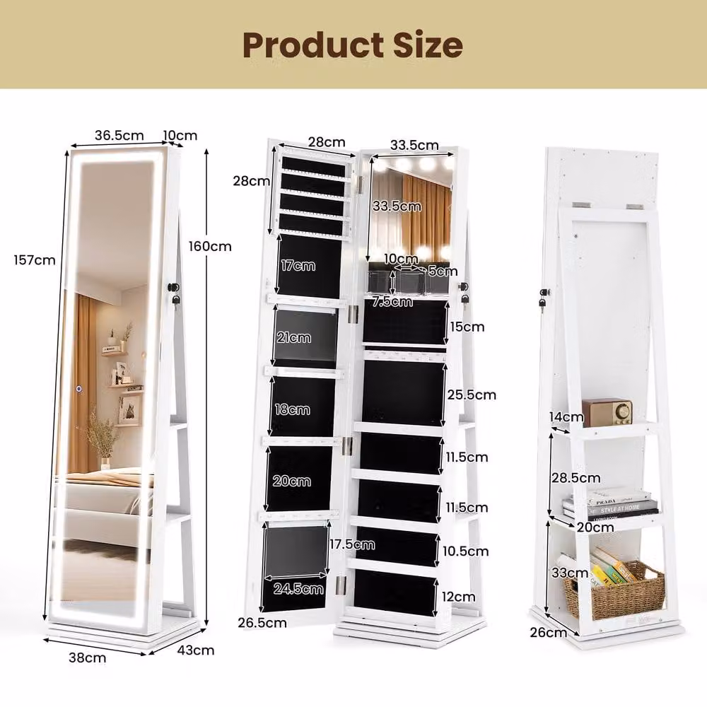 Costway Freestanding 360 Swivel Jewelry Cabinet with LED Lighting and Mirror in White – 2